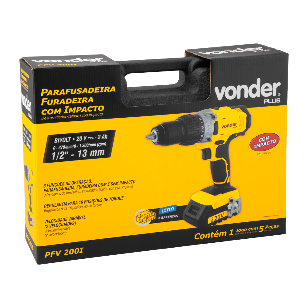 Parafusadeira/furadeira com impacto a bateria, 20 V, fonte de carregamento bivolt automática, VONDER PLUS