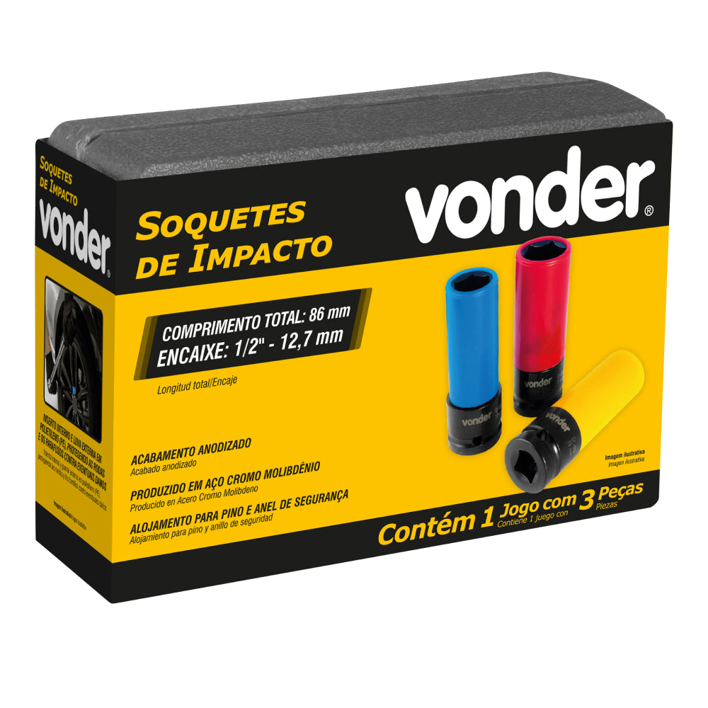 Jogo de soquetes de impacto, longo, para rodas de liga leve, com 3 peças, VONDER