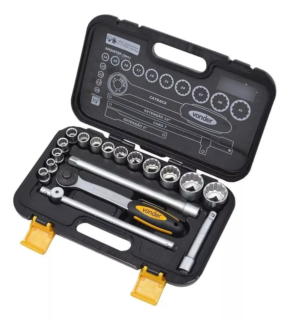 Jogo de soquetes estriados, encaixe 1/2", 10 mm a 32 mm, com 18 peças, VONDER