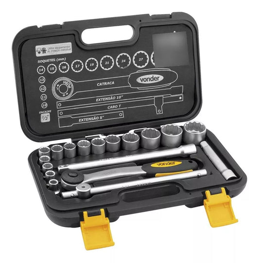 Jogo de soquetes estriados, encaixe 1/2", 10 mm a 32 mm, com 18 peças, VONDER